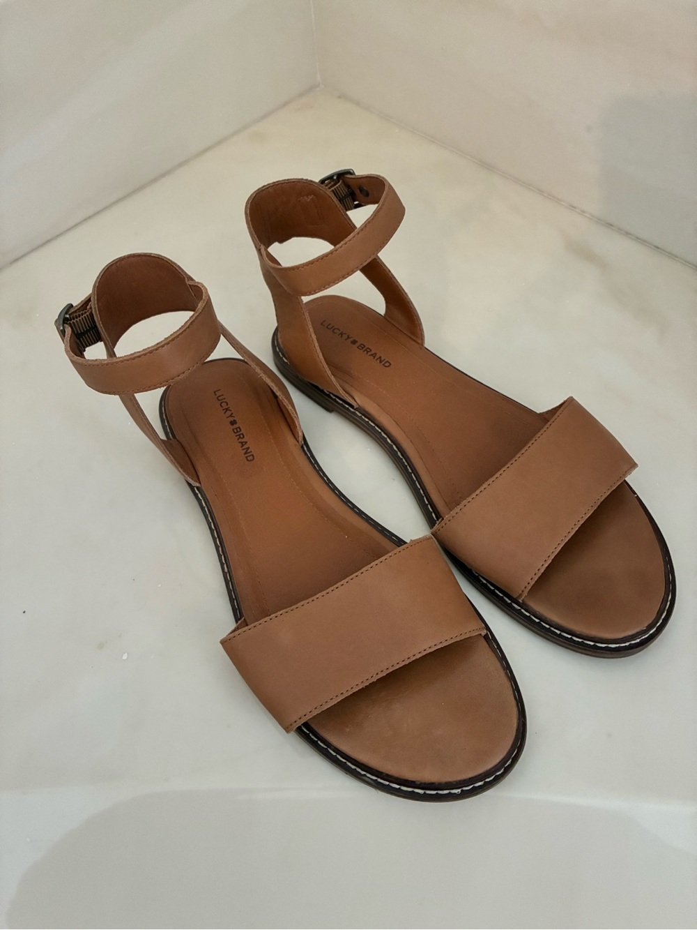 Lucky Brand Brown Tan Ankle-Strap Flat Sandals